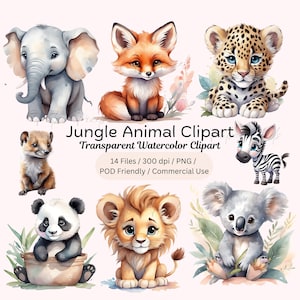 Safari Animals Clipart, Watercolor Baby Animals, Jungle Nursery, Jungle Birthday Decor, Wild Animals Clipart, Safari Nursery Decor