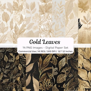 Blätter Gold Digitales Papier, Blätter Gold, Laub, Minimalistische Blätter, Botanische Blätter, Tropische Blätter, Herbstlaub, Botanik Blätter, Schwarz