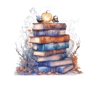 Watercolor Fantasy Books Clipart - Galaxy Wizard book stacks, 14 PNG format Library Clipart, Illustrations, Junk Journal