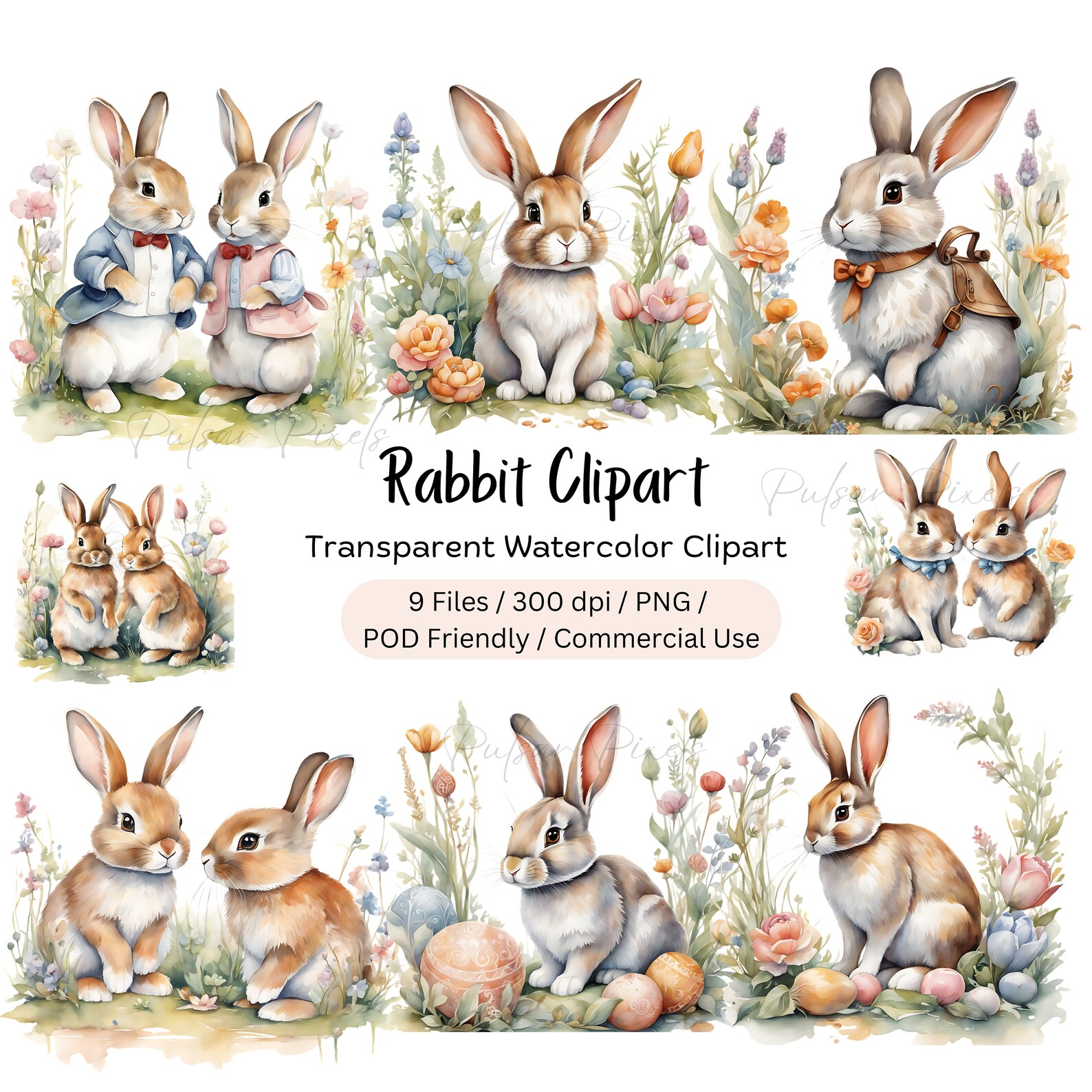 Cute Watercolor Rabbits - Digital Download - Bunny Digital Paper Craft ...