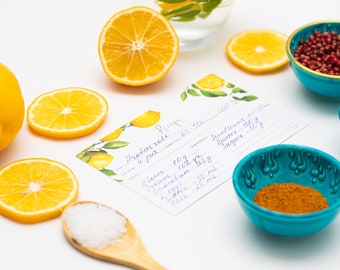 Lemon Recipe Cards 4x6 Double Sided - Includes Recipe Card Protectors (50 Count Cards & Covers) - Blank Card with Cute Design