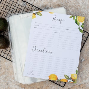 Recipe Binder Cards Refill - Full Size Lemon Recipe Cards for 3 Ring Binder 25 Double-Sided and 50 Protectors for Blank DIY Cookbook Binders