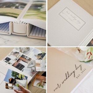 May include: A collection of wedding photo albums. One album is open, revealing photos. Another album is closed, with the text "Our Wedding Day EST. 2025" on the cover. The albums are cream-colored with a striped design.