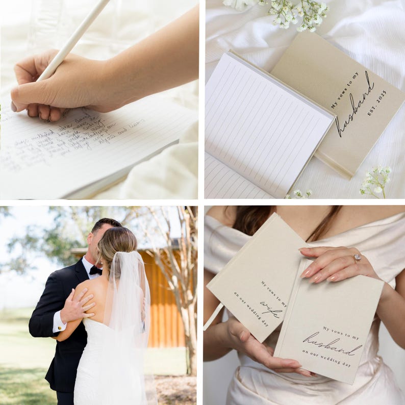 Peut inclure: Plusieurs livres de v&oelig;ux de mariage beiges avec l'inscription manuscrite &laquo;&nbsp;Mes v&oelig;ux &agrave; mon mari&nbsp;&raquo; et &laquo;&nbsp;Mes v&oelig;ux &agrave; ma femme&nbsp;&raquo;. Les livres ont des pages lign&eacute;es. Une image montre une personne &eacute;crivant dans un cahier avec un crayon.