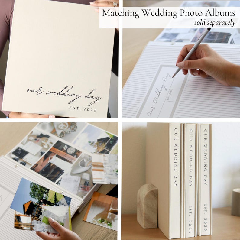 Peut inclure: Album photo de mariage cr&egrave;me avec le texte "our wedding day EST. 2025" en &eacute;criture cursive. L'album est pr&eacute;sent&eacute; avec d'autres albums et des photos &agrave; l'int&eacute;rieur. Un souvenir pour les souvenirs de mariage.