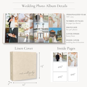 May include: A linen-covered wedding photo album with the text "Our Wedding Day" and "Est. 2023". The album is 12 inches wide, 13 inches tall, and 2 inches thick. Inside, it holds 4x6 inch photos.
