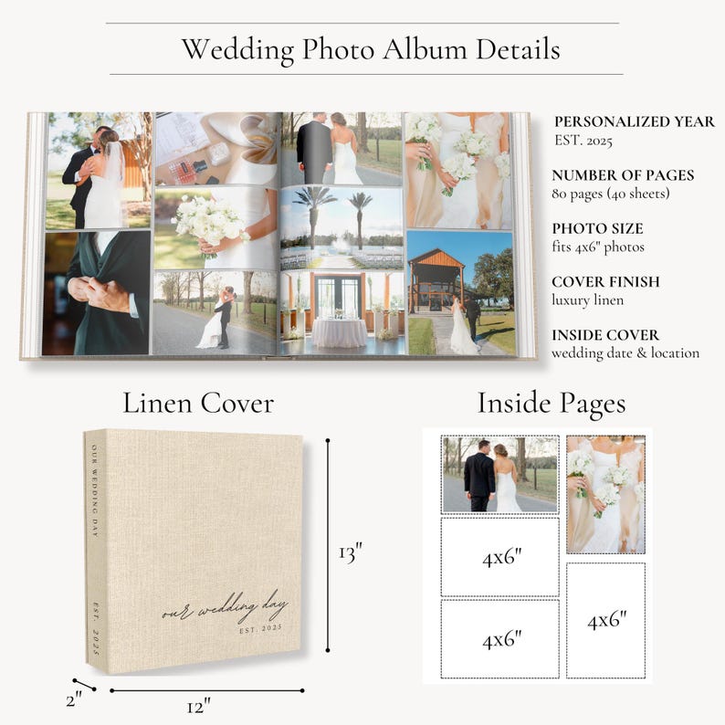 May include: A linen-covered wedding photo album with the text "Our Wedding Day" and "Est. 2023". The album is 12 inches wide, 13 inches tall, and 2 inches thick. Inside, it holds 4x6 inch photos.