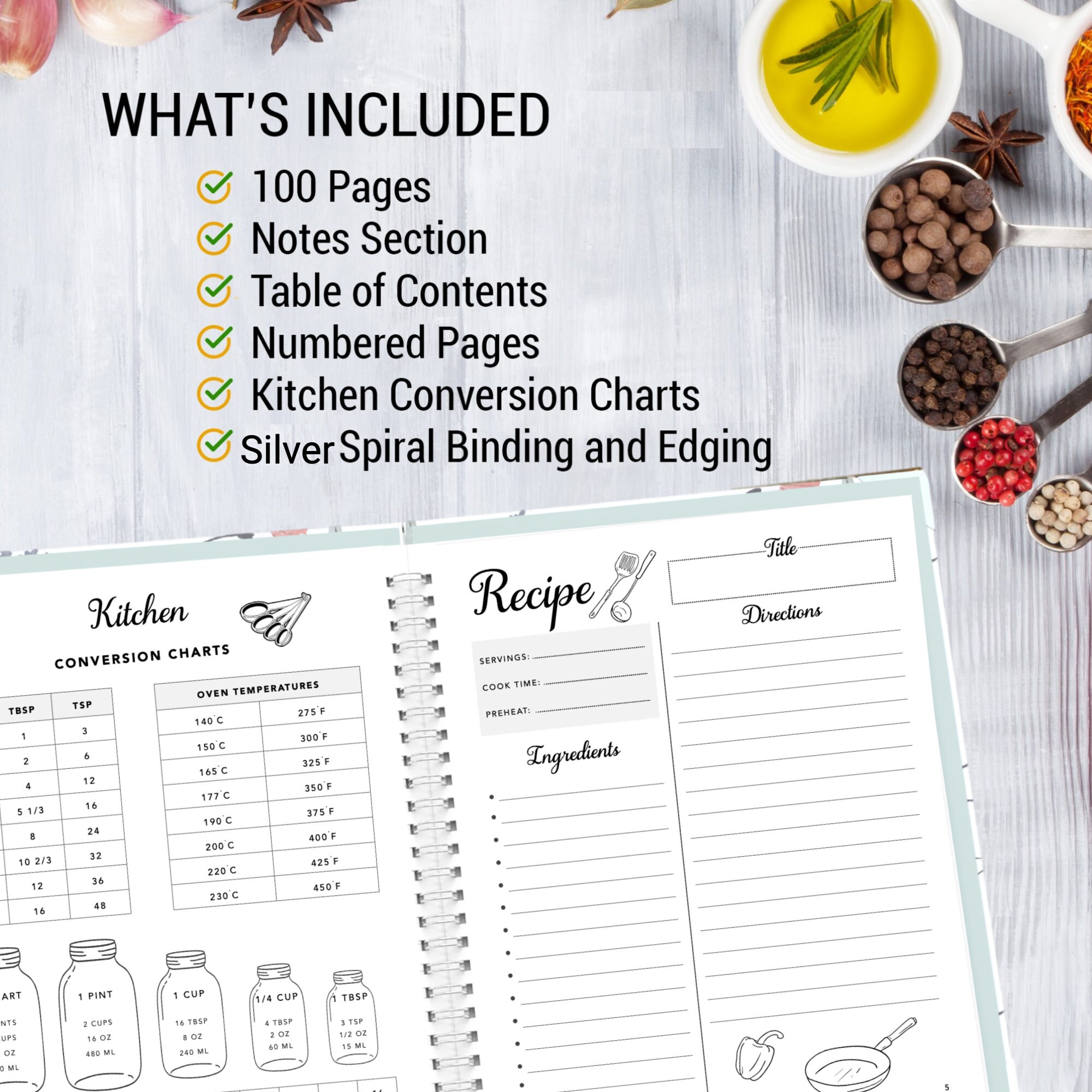 Blank Recipe Book to Write in Your Own Recipes - Family Recipe Journal to Create Your Own Cookbook - 100 Page Recipe Notebook with Conversion Charts