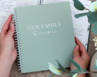May include: A green spiral bound recipe book with the text "OUR FAMILY Recipes" in white lettering on the front cover.