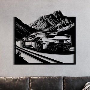 Ferrari & Mountains Metal Wall Art: Car Guy Garage Decor
