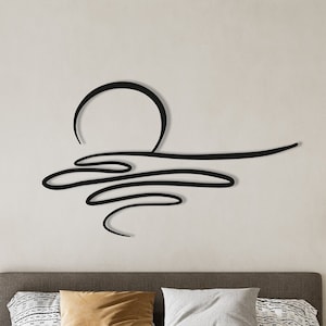 BRILLO SOLAR, Arte de pared metálico minimalista con puesta de sol para decorar sobre la cama, Escultura de pared metálica con amanecer para sala de estar, Letrero metálico con luz solar