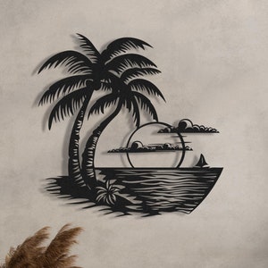 Palm Trees and Sun Metal Wall Art for Living Room Decor, Sunshine Metal Sign for Beach House Decor, Minimalist Sun and Clouds Wall Hangings