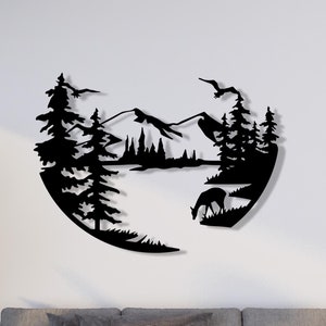 Metal Wall Art in het wild voor decor Lake House, muursculptuur berg en bos voor cadeaus natuurliefhebber, grote metalen wandkleden buiten