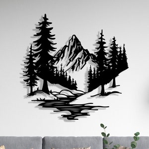 Sculpture murale montagne et lac en métal pour décoration de salon, décoration murale paysage pour décoration de maison de lac, oeuvre d'art en métal forêt et montagne