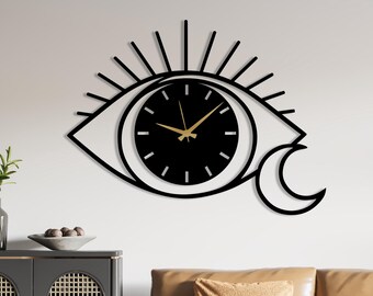 Metalowy zegar ścienny z motywem oka i księżyca | Niebiański, minimalistyczny znak boho | Duży, czarny zegarek ze stali | Mistyczna, nowoczesna dekoracja ścienna do domu