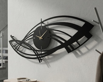 Duży geometryczny metalowy zegar ścienny | Abstrakcyjny liniowy design | Czarny stalowy zegarek z połowy XX wieku | Nowoczesny luksusowy szyld do salonu lub biura