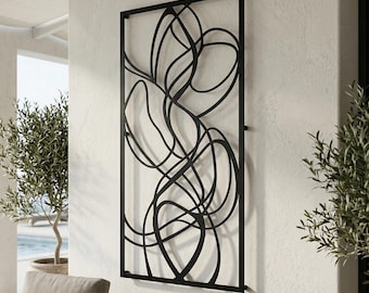 Abstract Flowing Lines Metal Wall Decor | Black Steel Vertical Sculpture | Large Minimalist Entryway Sign