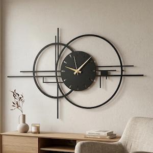 幾何学模様の金属製壁掛け時計 | 抽象的な円形のスチールサイン | ミッドセンチュリーモダンの高級品 | 大型のサイレントブラック時計 | リビングルームの装飾