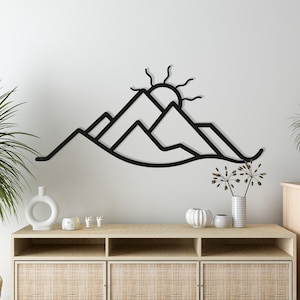 Mountain and Sun Metal Wall Art for Above Bed Decor, Modern Sunset Wall Art for Yard Wall Decor, Unique Sunrise Wall Art Mountain Wall Decor