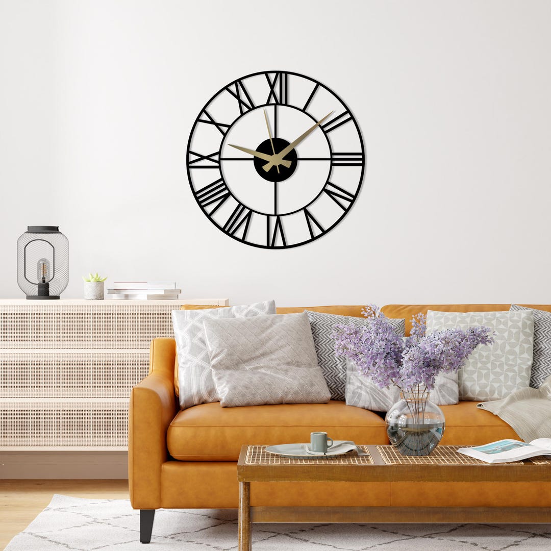 Large Roman Numeral Metal Wall Clock | Black Steel Round Sign | Silent ...