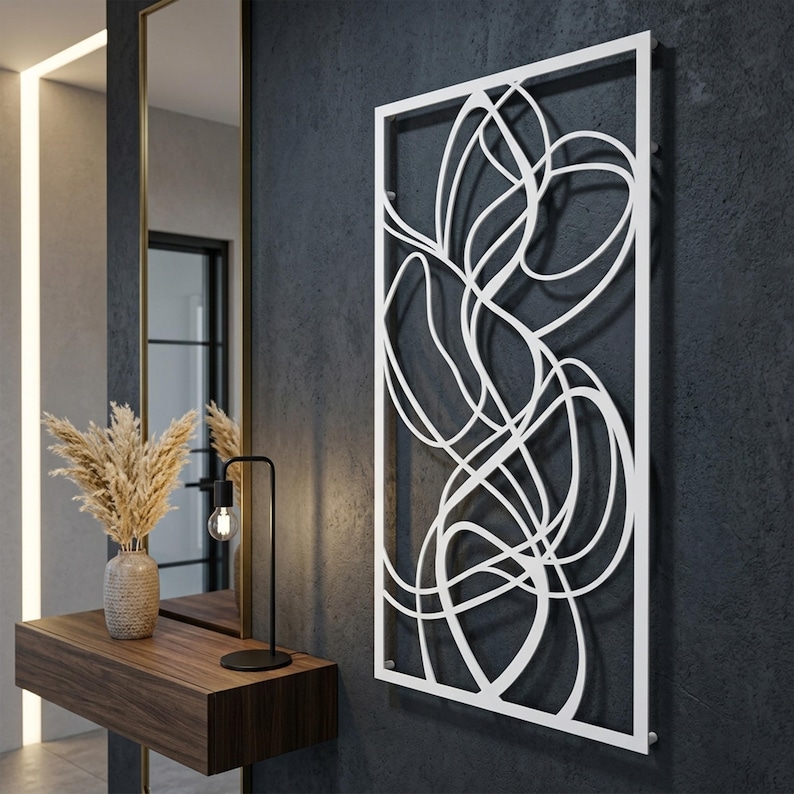 Abstract Flowing Lines Metal Wall Decor | Black Steel Vertical ...