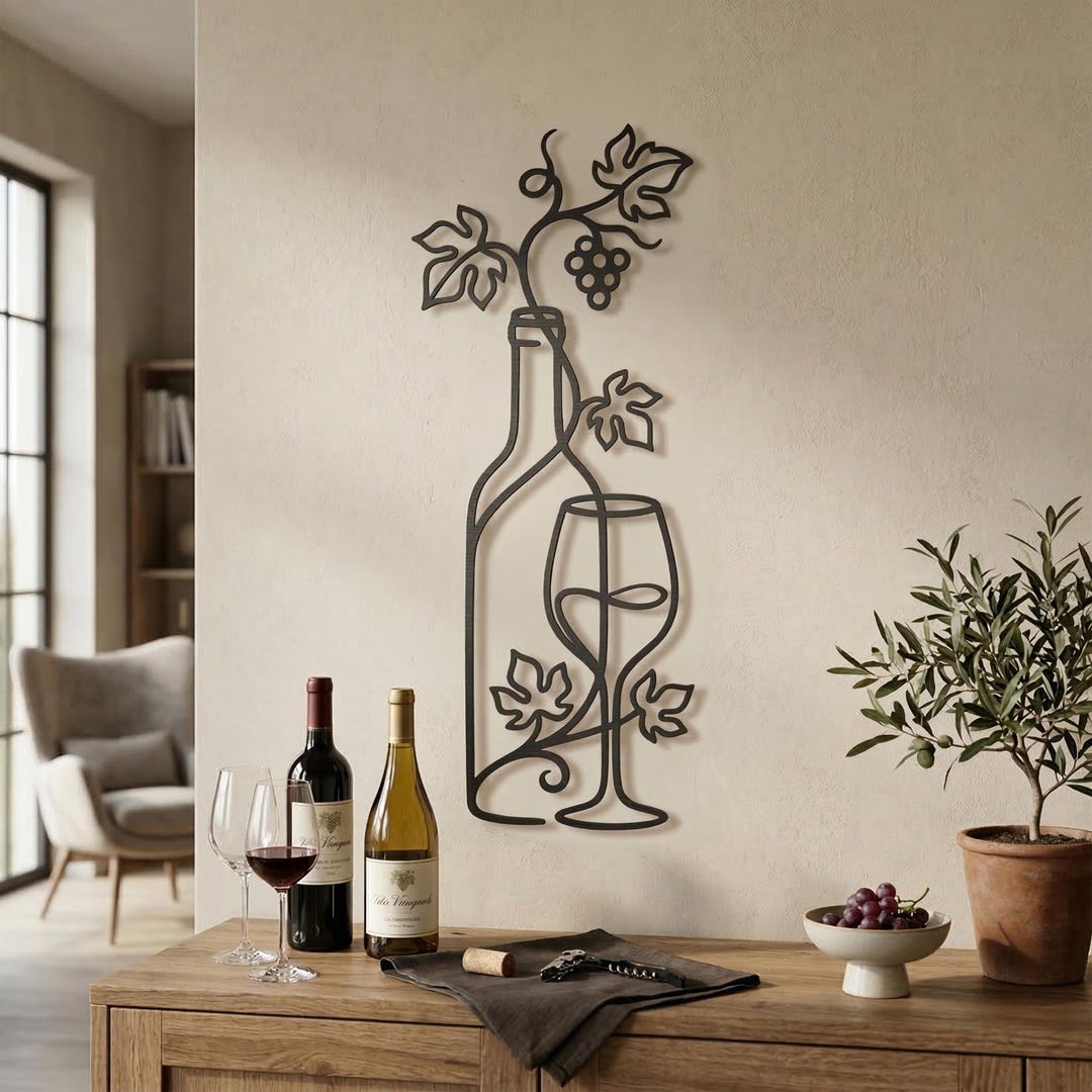Wine Bottle Metal Wall Decor | Grape Vine Line Art | Minimalist Kitchen ...