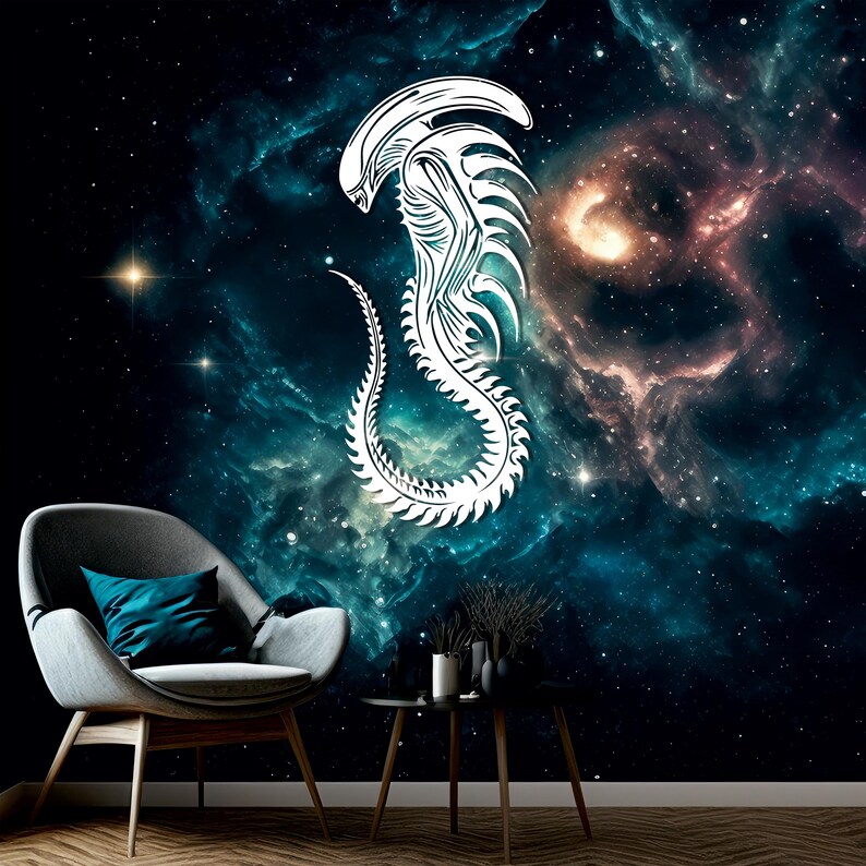 May include: A white alien creature silhouette against a dark blue and purple galaxy background with stars and a nebula. The alien is in a curled position with its tail wrapped around its body.
