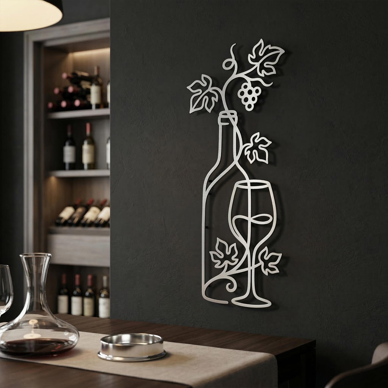 Wine Bottle Metal Wall Decor | Grape Vine Line Art | Minimalist Kitchen ...