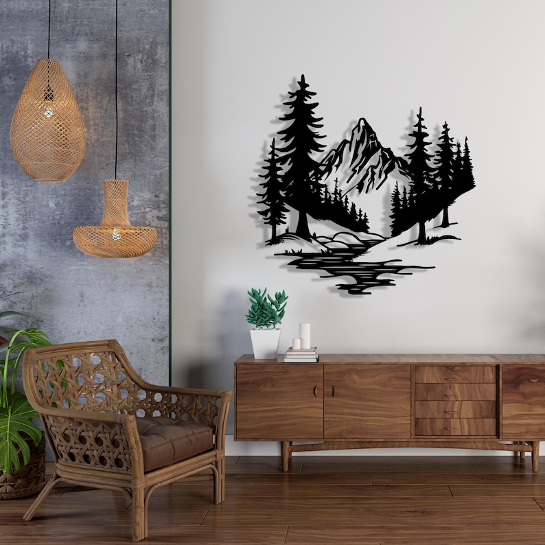 Mountain and Lake Metal Wall Sculpture for Living Room Decor, Landscape
