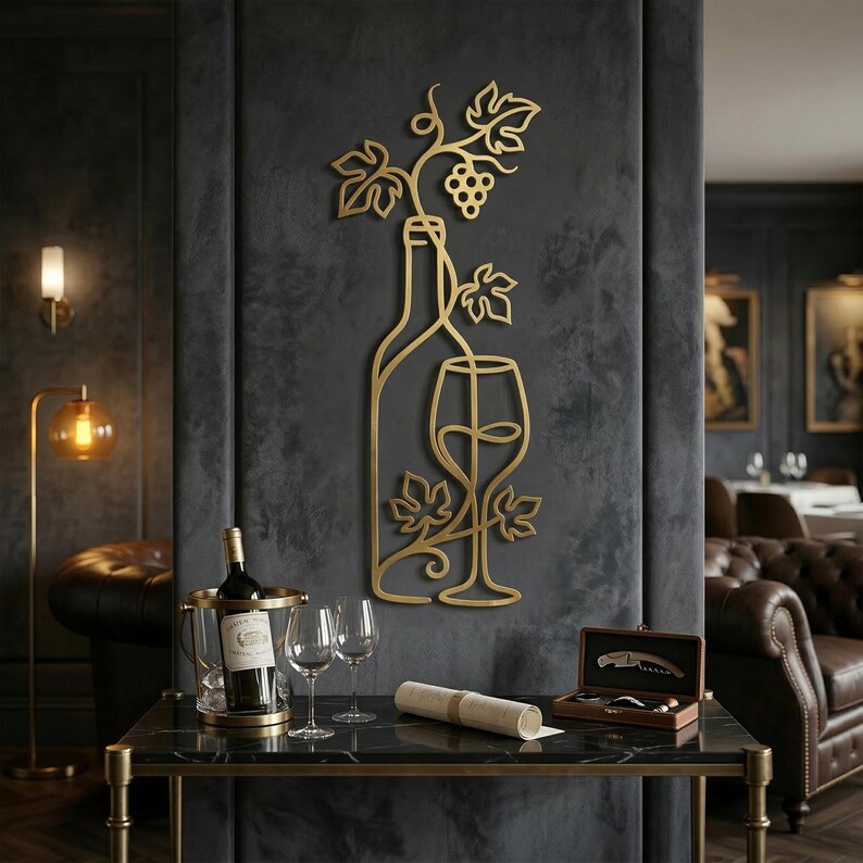 Wine Bottle Metal Wall Decor | Grape Vine Line Art | Minimalist Kitchen ...