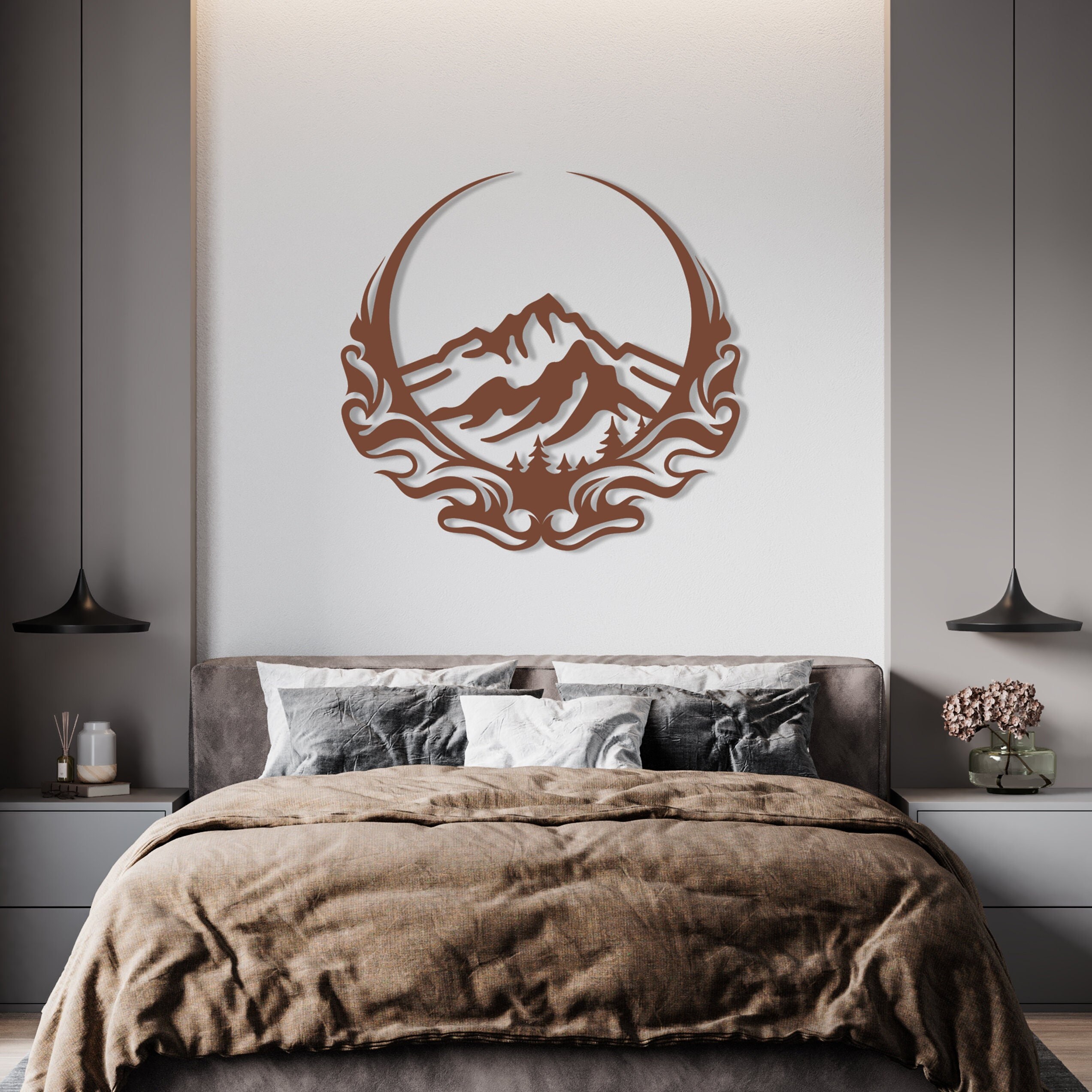 Decorazione Parete Metallo - Motivo Montagne E Foreste, 40x13.5cm, Nero - Foto 9