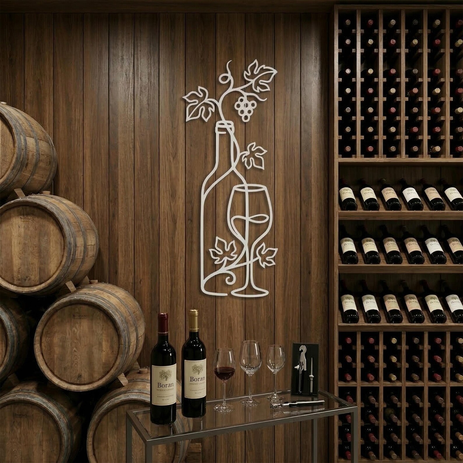 Wine Bottle Metal Wall Decor | Grape Vine Line Art | Minimalist Kitchen ...