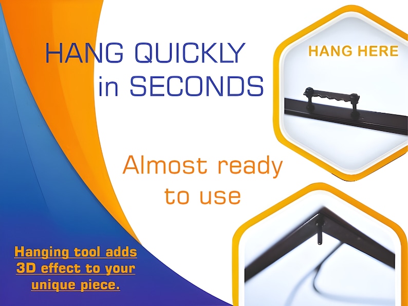 May include: A black metal hanging tool with a hook on the end. The tool is designed to hang pictures or other objects quickly and easily. The text "HANG QUICKLY in SECONDS" and "HANG HERE" is visible in the image.