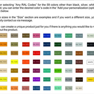May include: A chart of 59 RAL color codes, including black, silver, white, and gold. The chart is organized in a grid with each color code labeled with its corresponding RAL number.