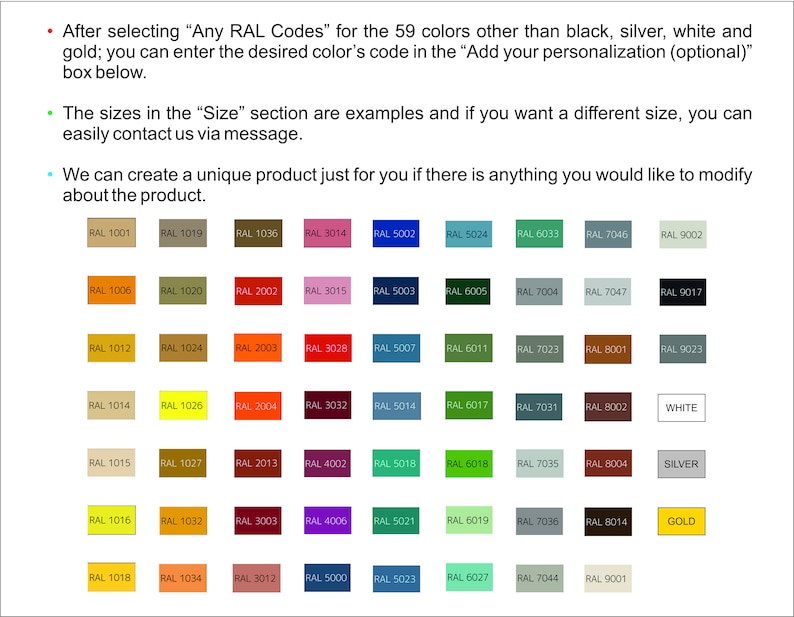 May include: A chart of 59 RAL color codes, including black, silver, white, and gold. The chart is organized in a grid with each color code labeled with its corresponding RAL number.