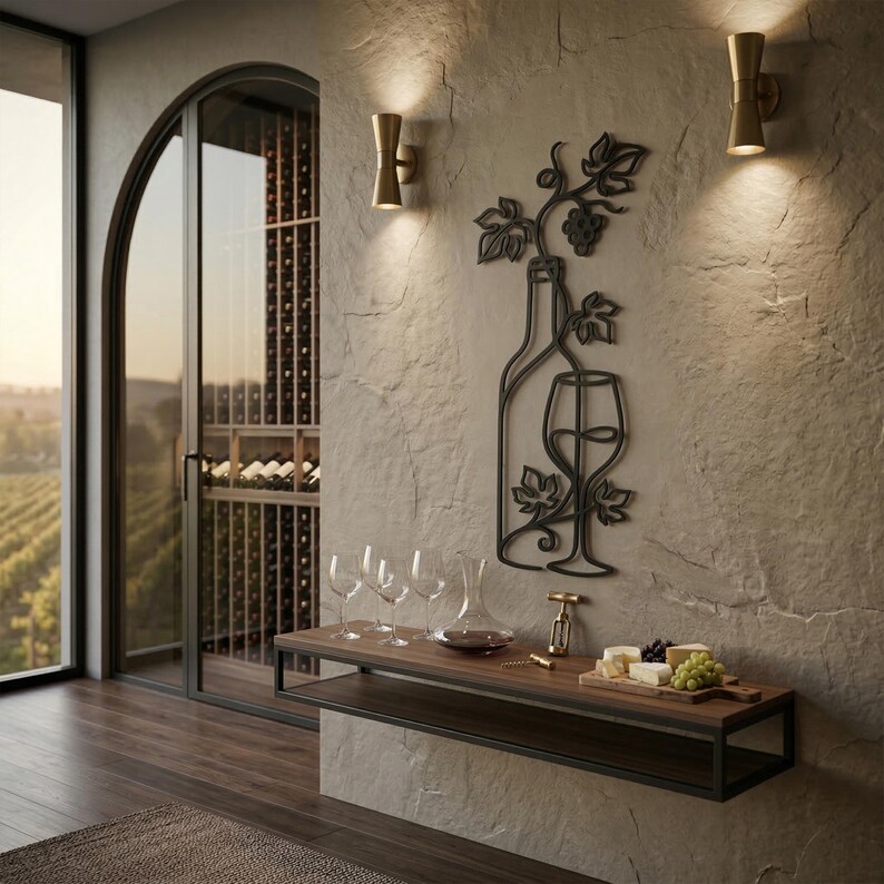 Wine Bottle Metal Wall Decor | Grape Vine Line Art | Minimalist Kitchen ...