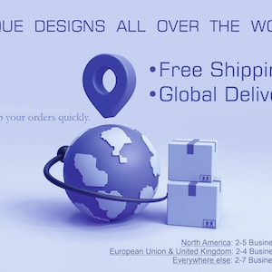 May include: A blue globe with a black cord wrapped around it, a blue location pin, and three boxes stacked on top of each other. The text "Free Shipping" and "Global Delivery" is displayed above the globe. The text "We ship your orders quickly." is displayed below the globe. The text "North America: 2-5 Business Days, European Union & United Kingdom: 2-4 Business Days, Everywhere else: 2-7 Business Days" is displayed below the boxes.