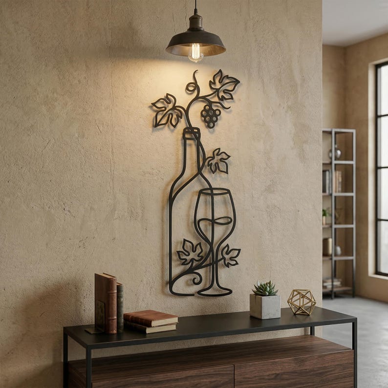 Wine Bottle Metal Wall Decor | Grape Vine Line Art | Minimalist Kitchen ...