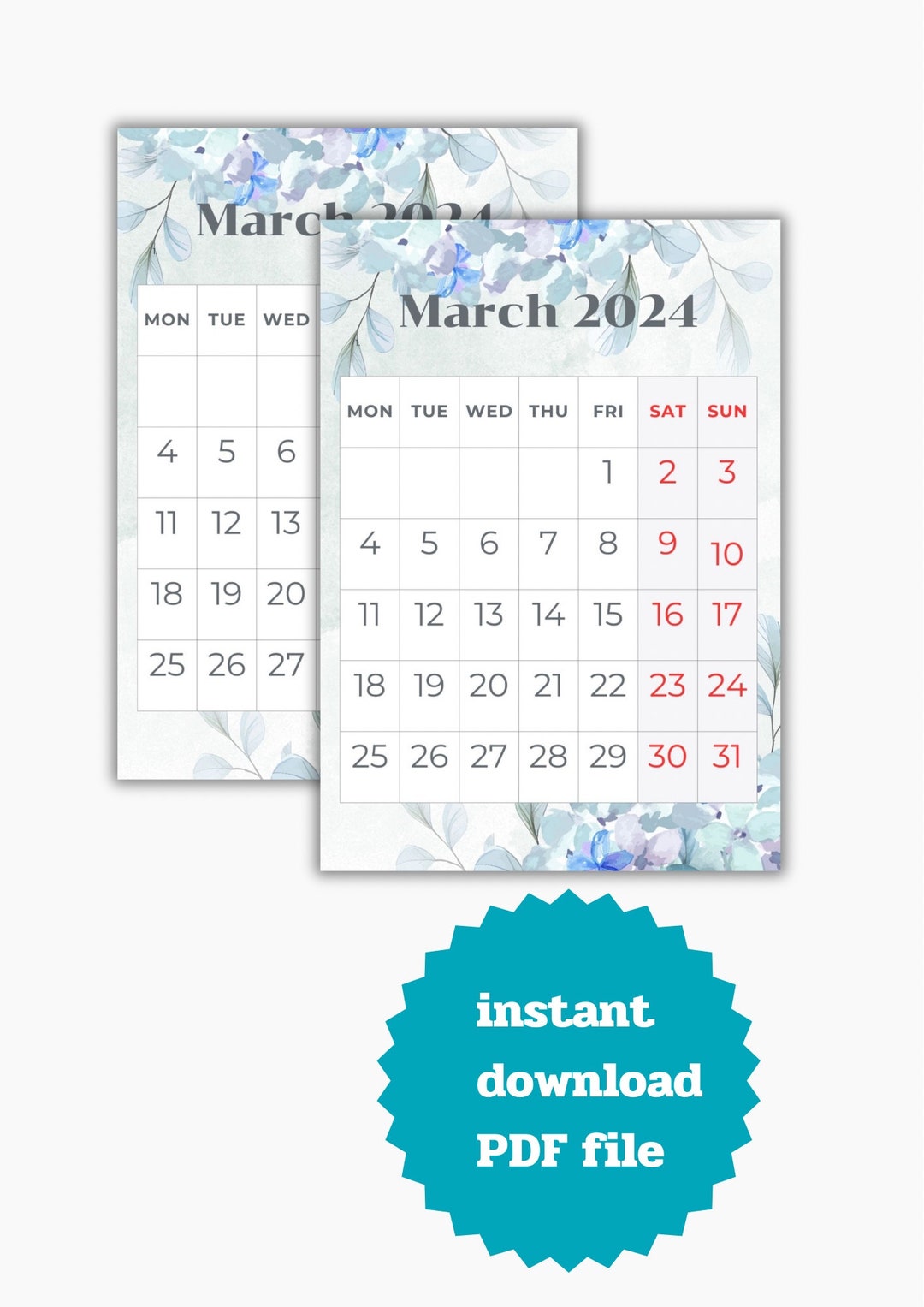 Printable March 2024 Calendar, Vertical, Digital Download ,monthly