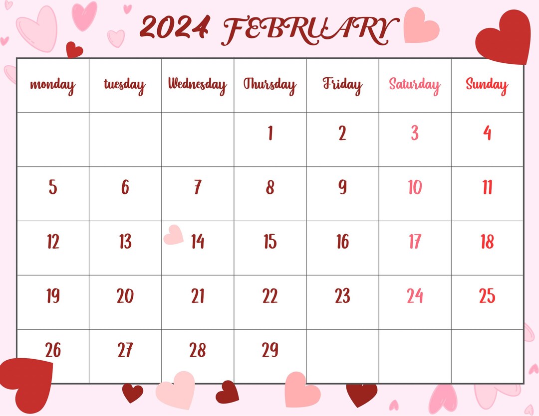Printable February 2024 Monthly Calendar, Digital Download, Monthly