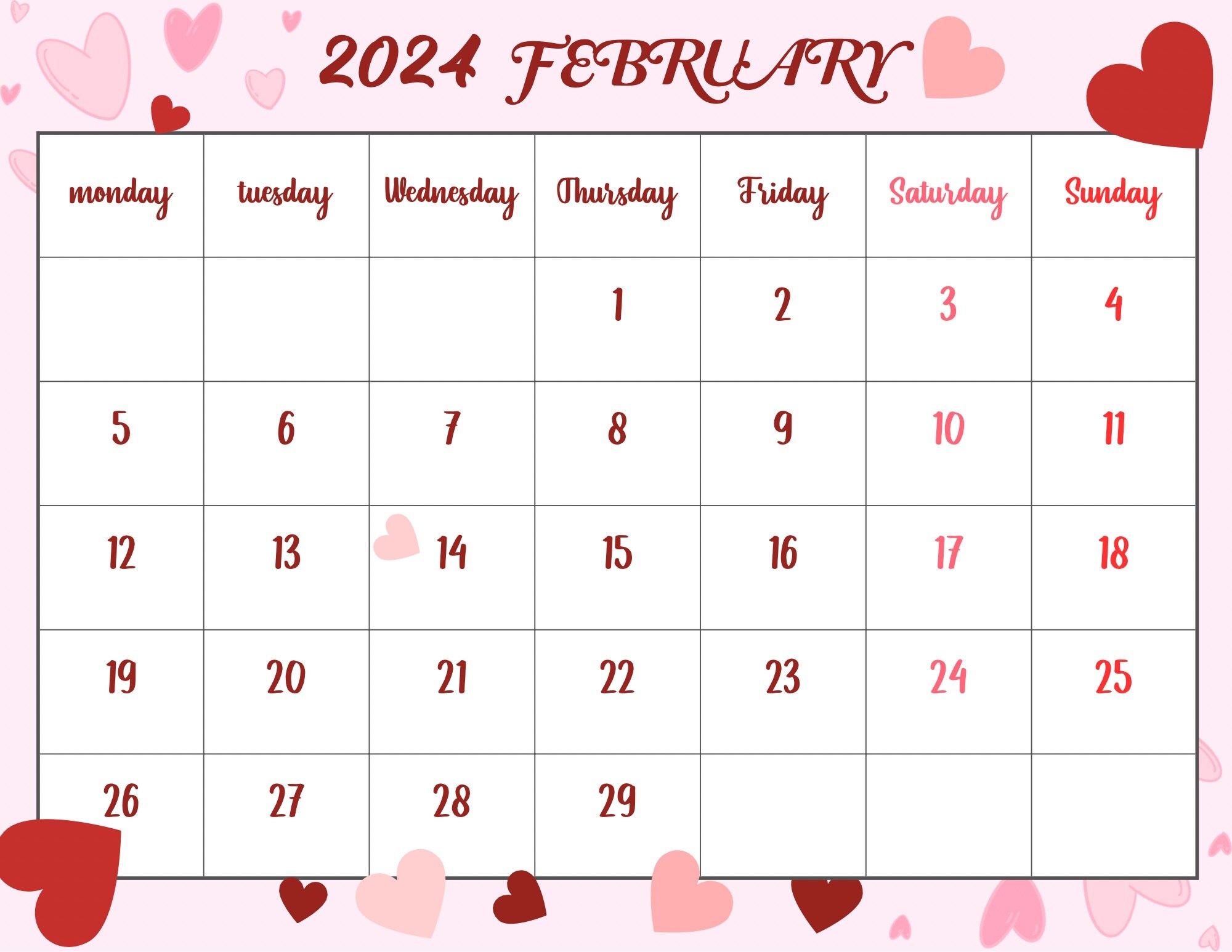 Printable February 2024 Monthly Calendar, Digital Download, Monthly