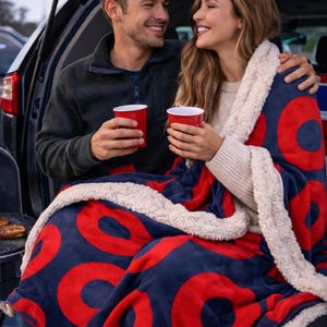 Phish Donuts Sherpa Fleece Blanket | Red & Blue Fishman Throw | Cozy Music Fan Gift