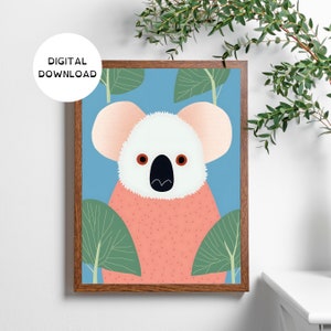 Koala pared arte Koala imprimible arte vivero pared cartel Koala vivero imagen Koala retrato pared decoración niños habitación colorido Koala arte digital