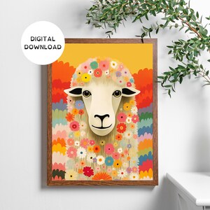 Floral Sheep Wall Art Printable Nursery Wall Art Kids Room Decor Farm Animal Print Sheep Art Digital Sheep Poster Colorful Sheep Painting