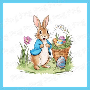 Puede incluir: Un conejo de Pascua de dibujos animados con una chaqueta azul se encuentra en un campo de hierba con una cesta de huevos de Pascua coloridos.