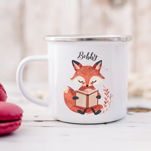 Fox Illustration Personalized Mug Enamel Cup Camping Mug Kids Name Personalized Kids Gift Custom Name Cute Fox Reading Book Design Fox Mug