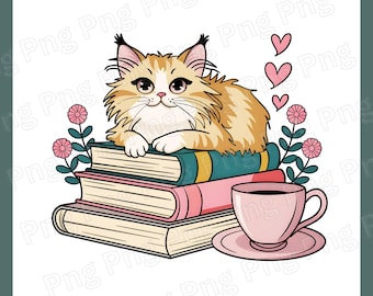 Cat with Books Png Reading Cat Png Cat Mom Png Book Lover Png Fluffy Cat on Books Cute Cat and Books Sublimation Png Cat with Books & Coffee