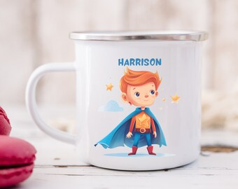 Personalized Superhero Mug, Custom Kids Enamel Camping Cup