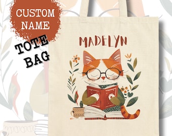 Personalized Name Cotton Canvas Tote Bag Custom Name Tote Bag Kids Shopping School Teacher Library Tote Bag Cat Lover Bag Cat Reading Book