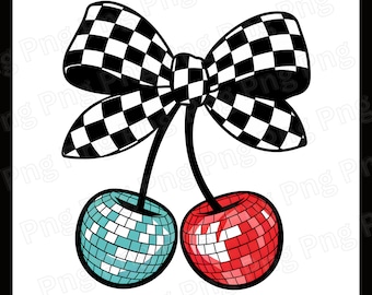 Laço xadrez Png Cerejas Png Bola de discoteca Cereja Png Fruta doce Png Cereja retrô Arte retrô Laço xadrez Png Download digital Sublimação de arco